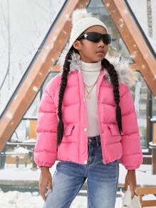 SHEIN Tween Girl Flap Pocket Fuzzy Trim Hooded Padded Coat - Pink - View 1