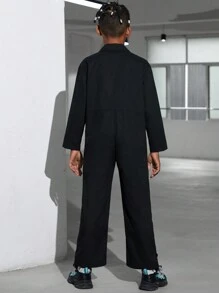 SHEIN Tween Boy Button Front Flap Detail Shirt Jumpsuit - Black - View 3