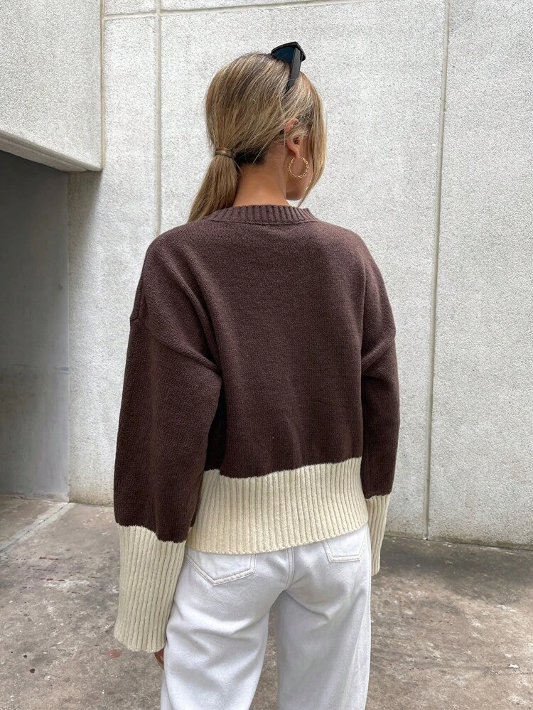 Two Tone Drop Shoulder Knit Pullover Fall Winter Sweater