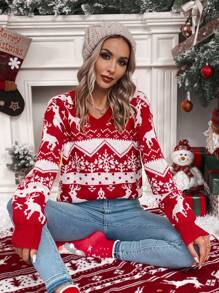 Chiquease Suéter de punto con caída de hombros con estampado navideño para otoño e invierno - Rojo - Ver 5