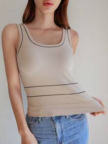 DAZY 撞色滾邊保暖背心上衣 - 米色 - 查看 2