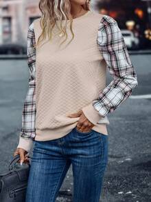SHEIN LUNE In kẻ sọc Ống tay áo Áo nỉ - Màu Khaki - Xem 4