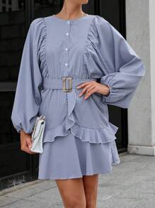 GENKIRA In sọc Tay áo lồng đèn Viền Ruffle Váy có thắt lưng - Xanh và trắng - Xem 3