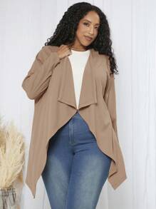 SHEIN CURVE+ 大码瀑布领开衫 - 卡其色 - 查看 3