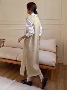 DAZY Split Hem Sleeveless Sweater Dress Without Blouse,Fall Clothes - Khaki - View 2