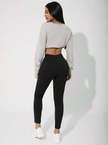 SHEIN EZwear Brushed Fabric Thermal High Waist Skinny Cropped Jeans Thickened Denim - Black - View 2