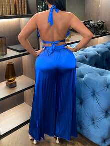 Slaydiva Chất rắn Áo hai dây & Quần ống rộng - Xanh đậm - Xem 2