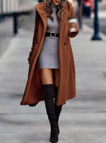 SHEIN LUNE Double Breasted Hooded Teddy Coat - Rust Brown - View 3