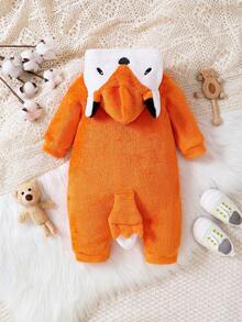 女孩嬰兒卡通刺繡3D耳朵設計連帽連身褲&3D耳朵設計連帽連身褲 - 橘色 - 查看 2