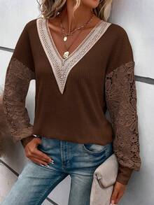 SHEIN LUNE Contrast Guipure Lace Drop Shoulder Sweatshirt - Brown - View 3