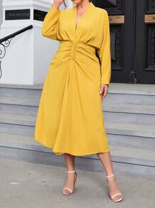 SHEIN Privé Plus Batwing Sleeve Ruched Front Dress - Yellow - View 5