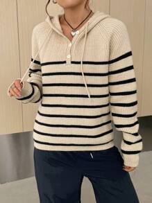 SHEIN EZwear Maglione modelli righe manica raglan con coulisse con cappuccio - Cachi - Visualizzare 6