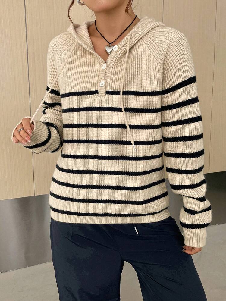 Striped Pattern Raglan Sleeve Drawstring Hooded Sweater