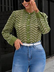 GENKIRA Print Button Front Blouse Fall Cloth For Women - Olive Green - View 3