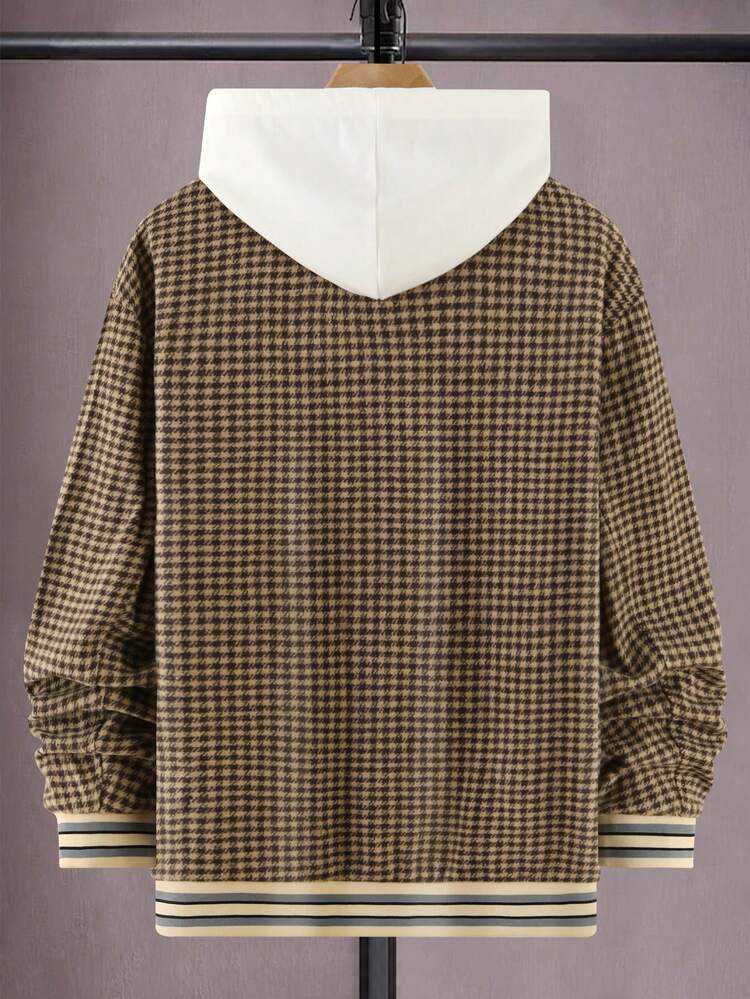 Men Houndstooth & Letter Graphic Striped Trim Drop Shoulder Overcoat Without Hoodie