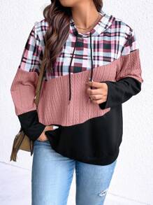 SHEIN LUNE 加大码格子印花撞色抽绳卫衣 - 粉色 - 查看 8