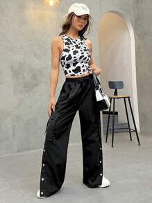 SHEIN EZwear Summer Cow Print Crop Tank Top - Black and White - View 5