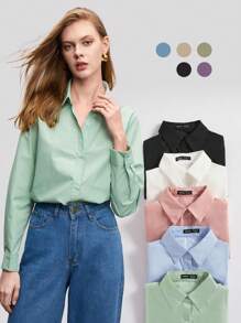 BizChic Áo sơ mi công sở tay dài viền cong cotton trơn - Màu xanh Bạc hà - Xem 1