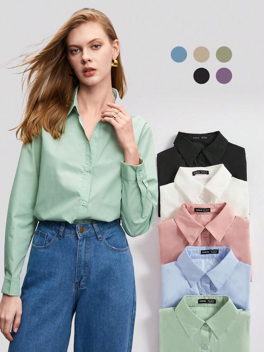 BizChic Áo sơ mi công sở tay dài viền cong cotton trơn - Màu xanh Bạc hà - Xem 1