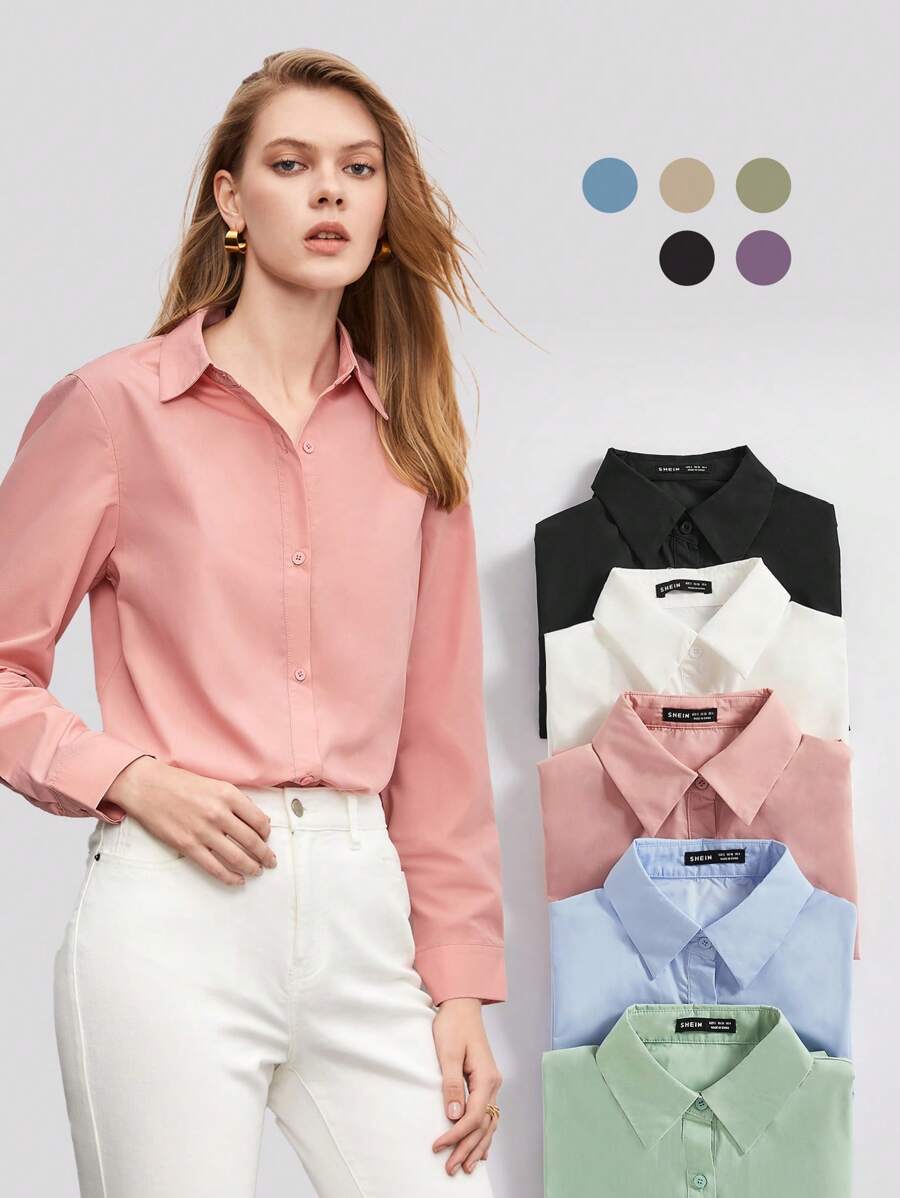 SHEIN BIZwear 棉质纯色纽扣前襟衬衫工作服长袖 - 淺粉色 - 查看 1