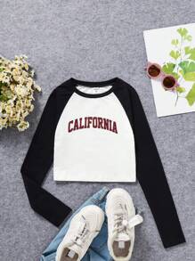 SHEIN Chica preadolescente Camiseta con estampado de letra de manga raglán