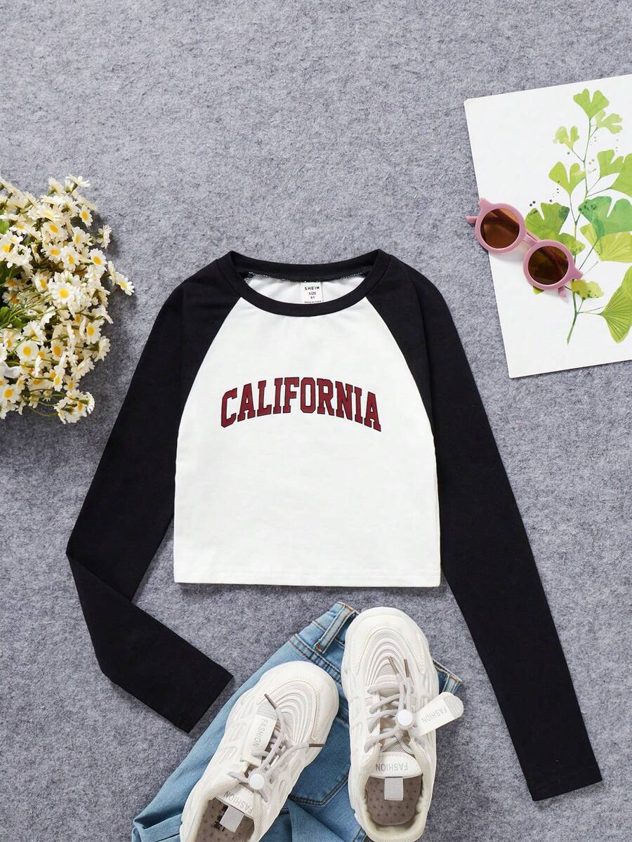 SHEIN Chica preadolescente Camiseta con estampado de letra de manga raglán