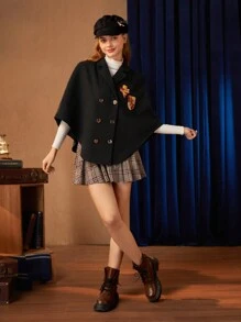 HARRY POTTER X SHEIN Letter Patched Double Breasted Cape Coat - Black - View 1