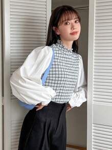 FRIFUL 格纹印花荷叶边灯笼袖衬衫长袖上衣 - 黑與白 - 查看 4