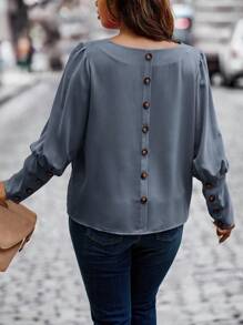 Celure Plus Button Back Gigot Sleeve Blouse - Dusty Blue - View 4