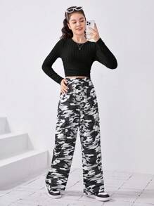 SHEIN Teen Girl Solid Crop Tee & Camo Print Wide Leg Pants - Black - View 5