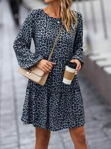 SHEIN LUNE 豹紋印花荷葉邊娃娃裙 - 霧霾藍 - 查看 5