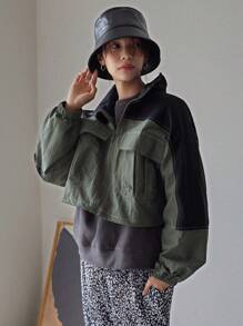 FRIFUL Two Tone Flap Pocket Drop Shoulder Zipper Jacket,Fall Clothes - Green - View 7