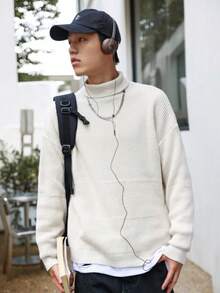 Manfinity Hypemode Loose Men's Turtleneck Drop Shoulder Sweater - Beige - View 7