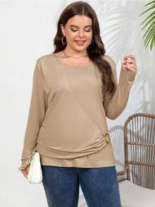 SHEIN LUNE 大碼素色褶邊圓環細節圍裹T恤 - 卡其色 - 查看 6