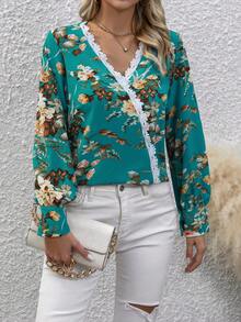 SHEIN Clasi Floral Print Guipure Lace Trim Blouse - Cadet Blue - View 3