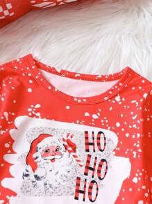 小女孩聖誕幼兒女孩休閒長袖聖誕老人印花襯衫與喇叭褲服裝套裝 - 紅色 - 查看 3