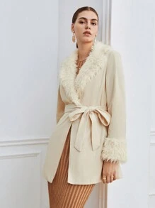 BizChic Fuzzy Collar Belted Coat In Fall/Winter - Beige - View 1