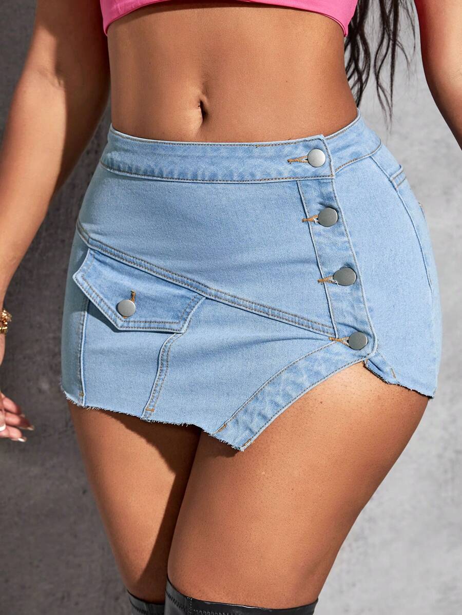 SHEIN SXY Flap Detail Button Front Asymmetrical Hem Denim Skirt - Light Wash - View 1
