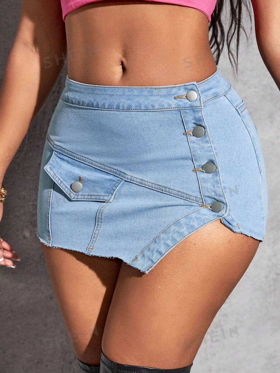SHEIN SXY Falda en mezclilla con diseño de solapa con botón delantero con diseño de solapa bajo asimétrico - Lavado ligero - Ver 1
