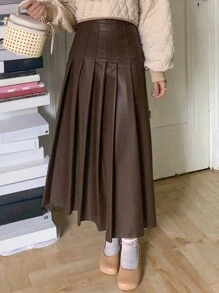 FRIFUL High Waist PU Leather Pleated Skirt - Coffee Brown - View 3