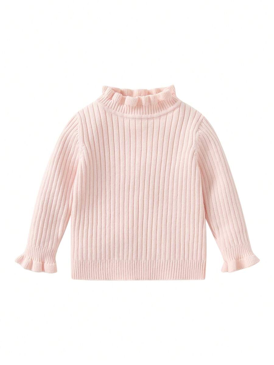 Chica Joven Jersey cuello de volante de manga con volante fruncido cuello tejido de canalé - Rosa - Ver 1