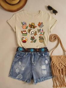 SHEIN LUNE 卡通圖案T恤 - 卡其色 - 查看 1