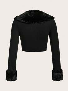 SHEIN ICON Borg Collar Asymmetrical Hem Crop Tee - Black - View 2