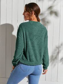 SHEIN LUNE Solid Drop Shoulder Teddy Sweatshirt - Dark Green - View 2