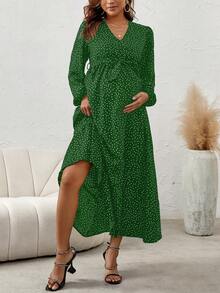 Maternity Polka Dot Print Lantern Sleeve Belted Dress - Multicolor - View 5