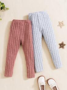 SHEIN 女小童2入組蝴蝶圖案條紋針織緊身打底褲