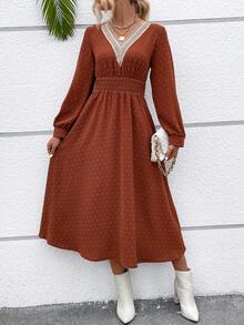SHEIN VCAY 圓點水溶蕾絲拼接燈籠袖洋裝 - 鏽棕色 - 查看 4