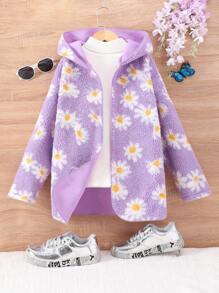 SHEIN Tween Girl Floral Pattern Hooded Teddy Coat Without Sweater - Purple - View 1