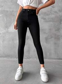 EURMUSE Solid Skinny Cropped Jeans - Black - View 5