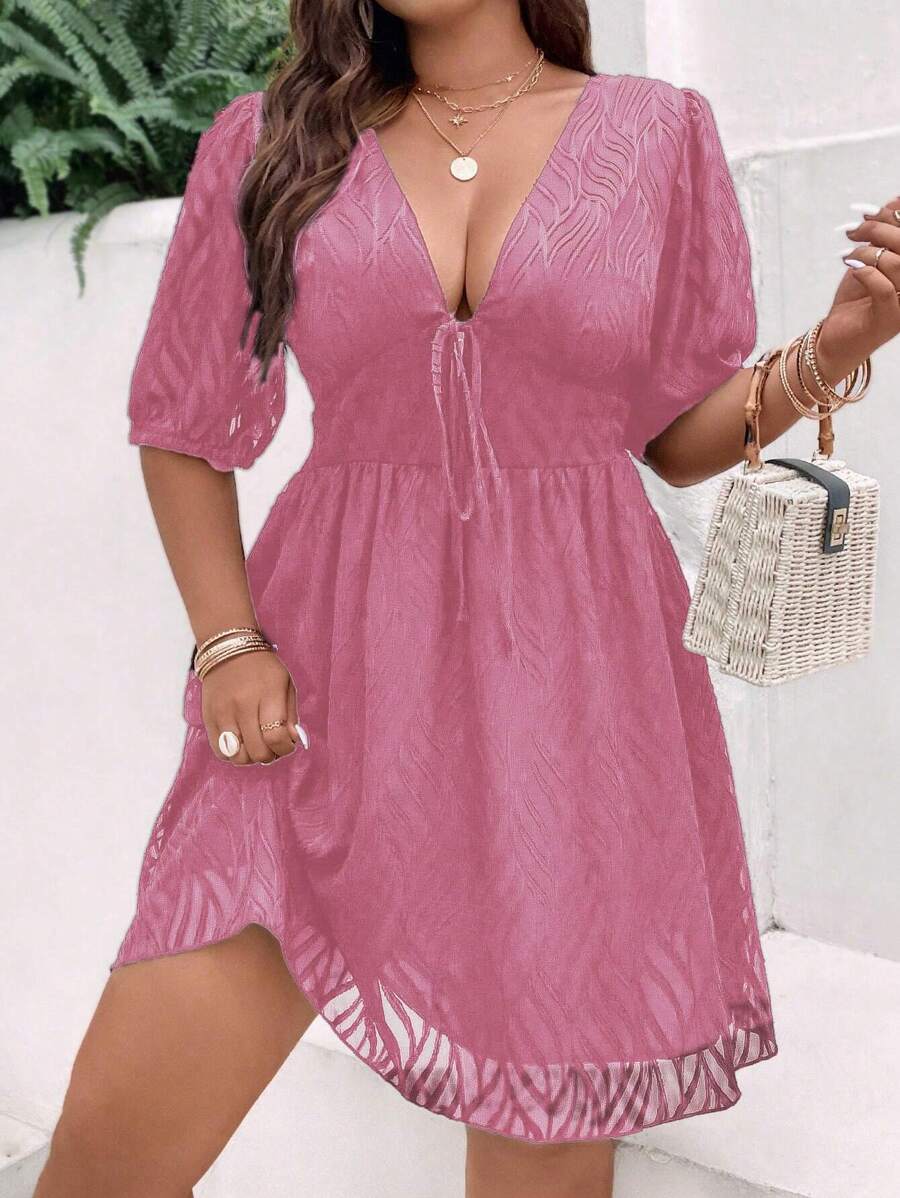 Flirla Plus Knot Front Puff Sleeve Dress - Dusty Pink - View 1